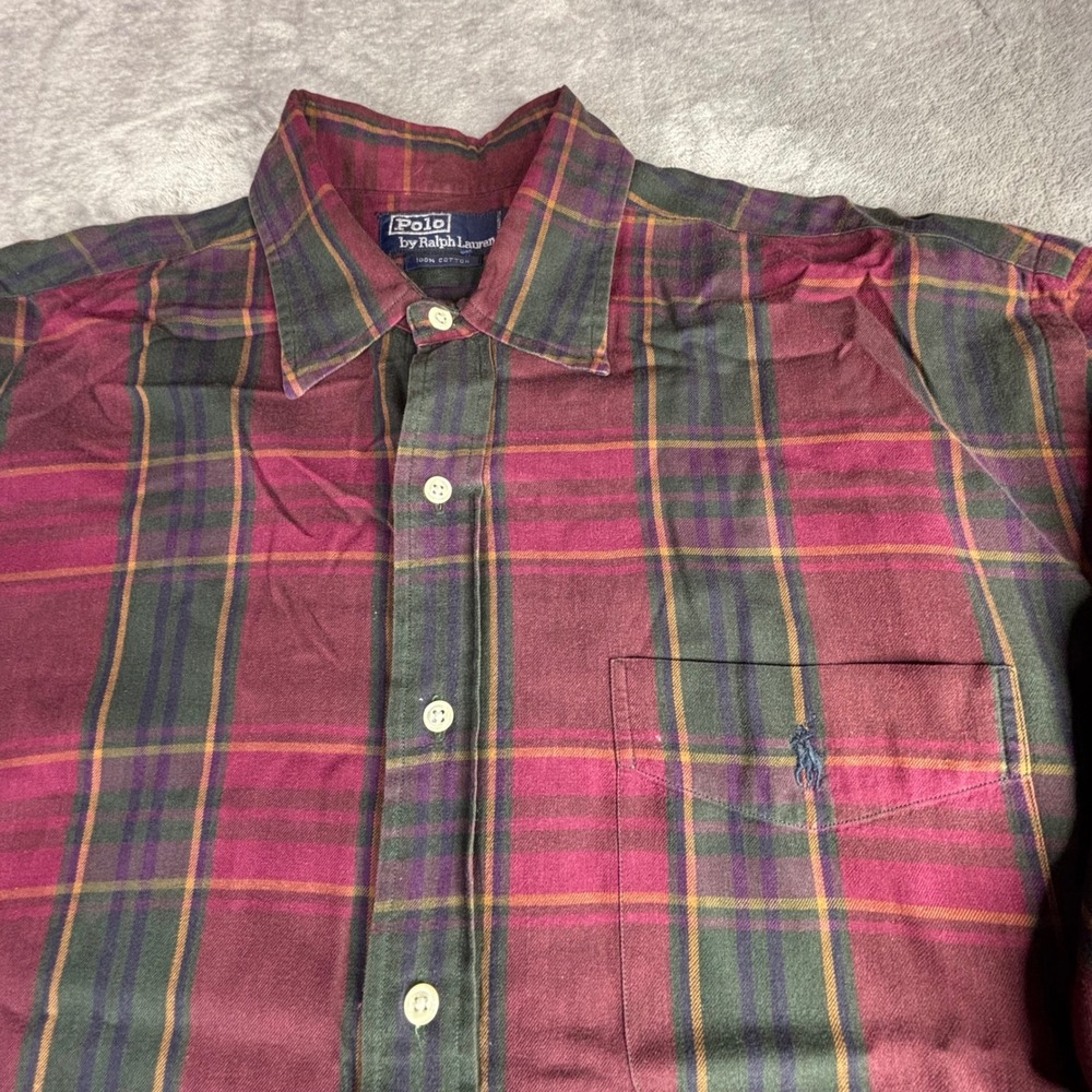 Polo Ralph Lauren Flannel Shirt Mens XL Burgundy Plaid Vintage Cotton Button Up - Picture 3 of 9